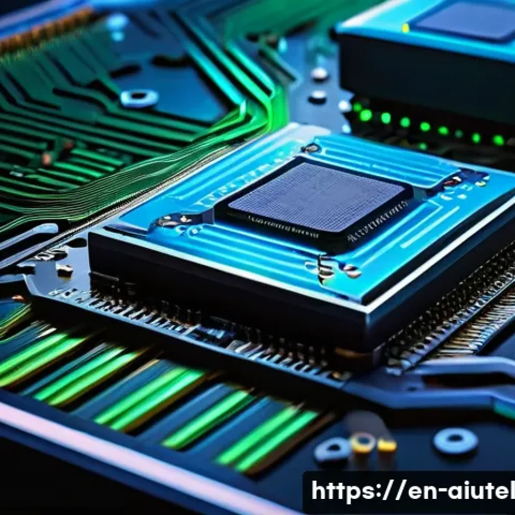 AI 연산 속도를 높이는 하드웨어 기법 - A highly detailed close-up of a futuristic AI accelerator chip showcasing thousands of glowing cores...
