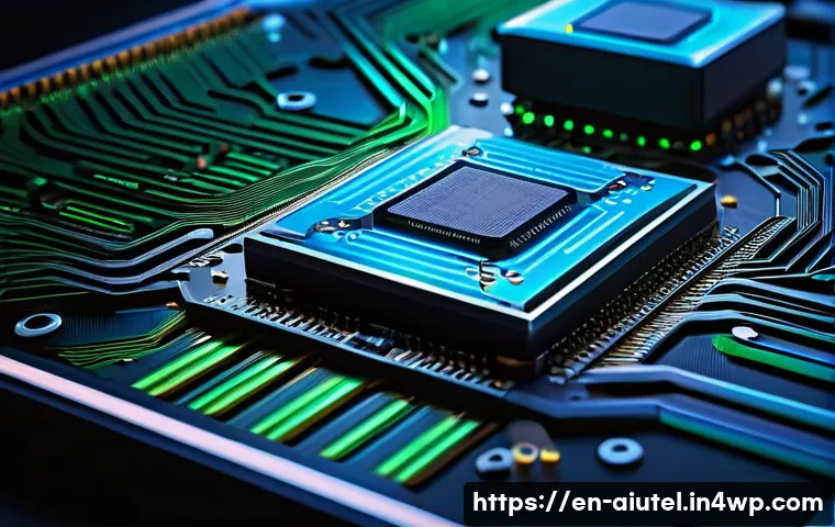 AI 연산 속도를 높이는 하드웨어 기법 - A highly detailed close-up of a futuristic AI accelerator chip showcasing thousands of glowing cores...