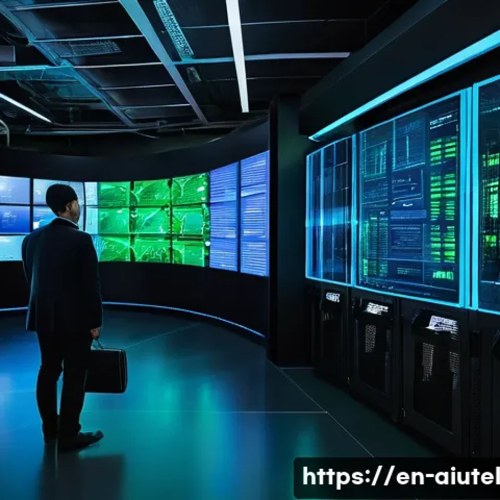 AI 하드웨어 가속기 성능 분석 도구 - A high-tech AI data center room filled with advanced AI accelerators and servers, glowing LED indica...