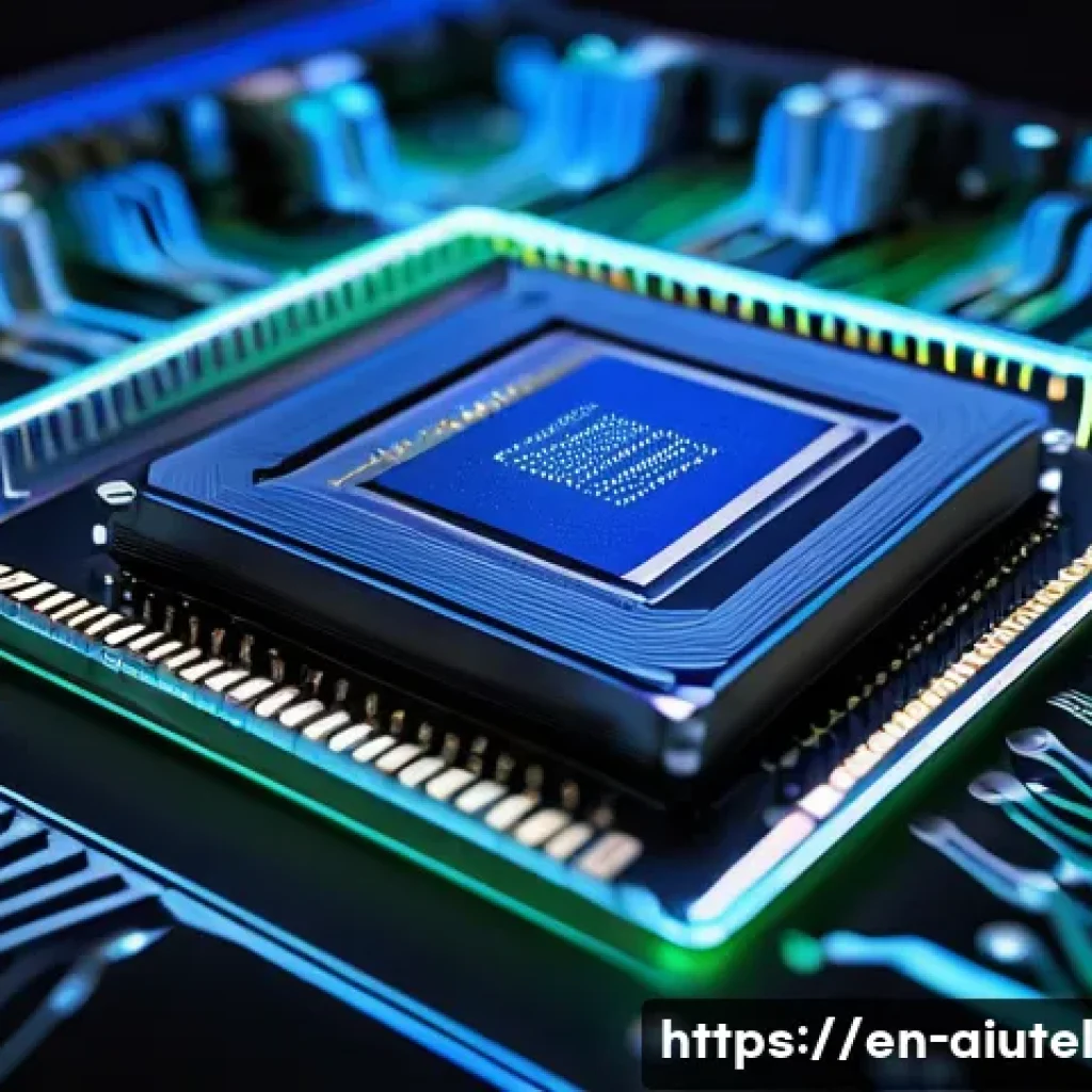 AI 하드웨어 가속기 성능의 지속 가능성 - A highly detailed cross-section illustration of a cutting-edge AI accelerator chip showcasing custom...