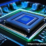 AI 하드웨어 가속기 성능의 지속 가능성 - A highly detailed cross-section illustration of a cutting-edge AI accelerator chip showcasing custom...