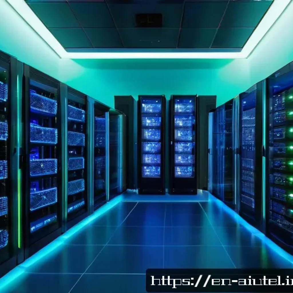 AI 하드웨어 가속기와 데이터 처리 솔루션 - A futuristic data center interior showcasing rows of sleek AI accelerator chips embedded in advanced...