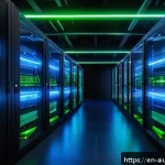 AI 하드웨어 가속기의 사용 사례 - A high-tech data center interior filled with rows of sleek GPU and TPU servers glowing with blue and...