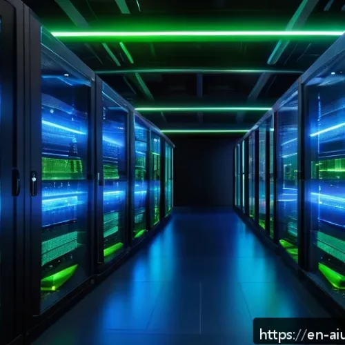 AI 하드웨어 가속기의 사용 사례 - A high-tech data center interior filled with rows of sleek GPU and TPU servers glowing with blue and...