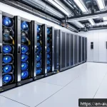 AI 하드웨어 가속기 사용 시 주의사항 - A high-tech AI hardware accelerator setup inside a modern data center rack, featuring advanced liqui...