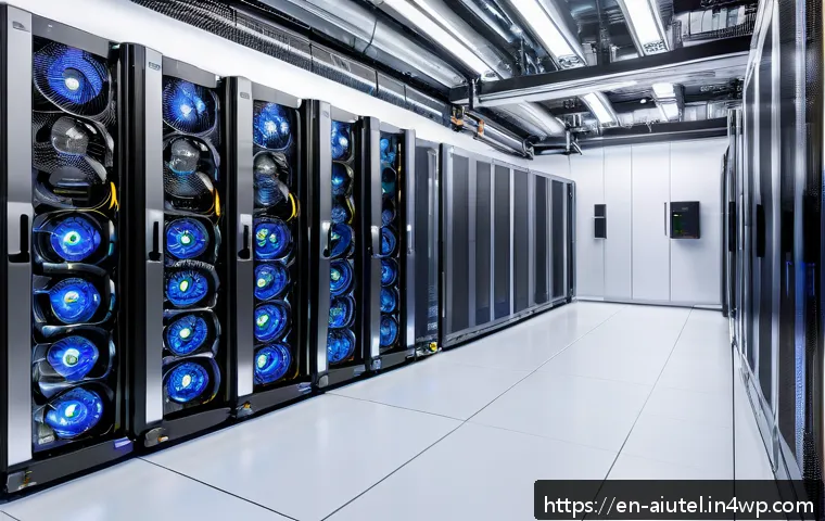 AI 하드웨어 가속기 사용 시 주의사항 - A high-tech AI hardware accelerator setup inside a modern data center rack, featuring advanced liqui...