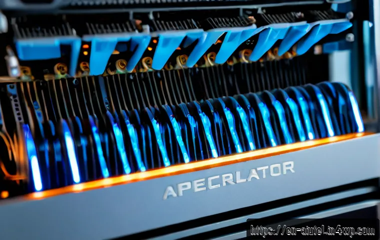 Home 17 AI 하드웨어 가속기의 기술적 특성 - Photorealistic close-up of a high-performance AI hardware accelerator card mounted in a modern serve...
